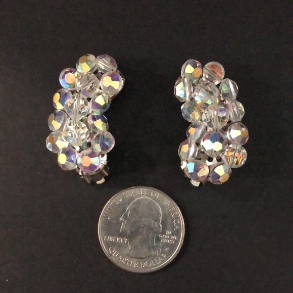 Vintage Crystal Aurora Borealis Clip Earrings Bridal Wedding - Picture 4 of 6